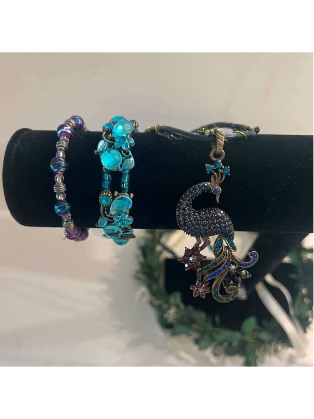 Peacock Pendant Necklace & Beaded Bracelet Set Blue Purple‎ Rhinestone Boho 3pc